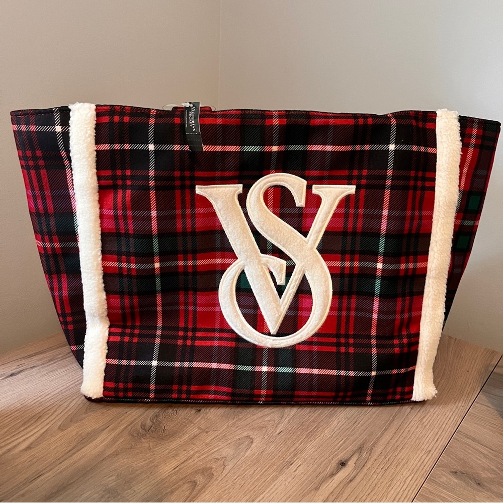 Victoria Secret Red Plaid Sherpa Lined  Tote Bag NWT New With Tags